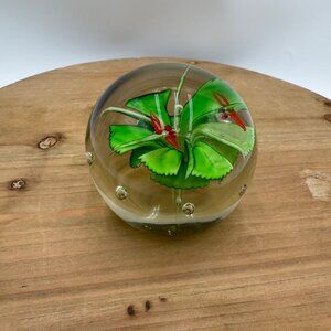 Studio Art Glass Ball Floral Paperweight Flower Bloom Green 2 dragonflies vintag